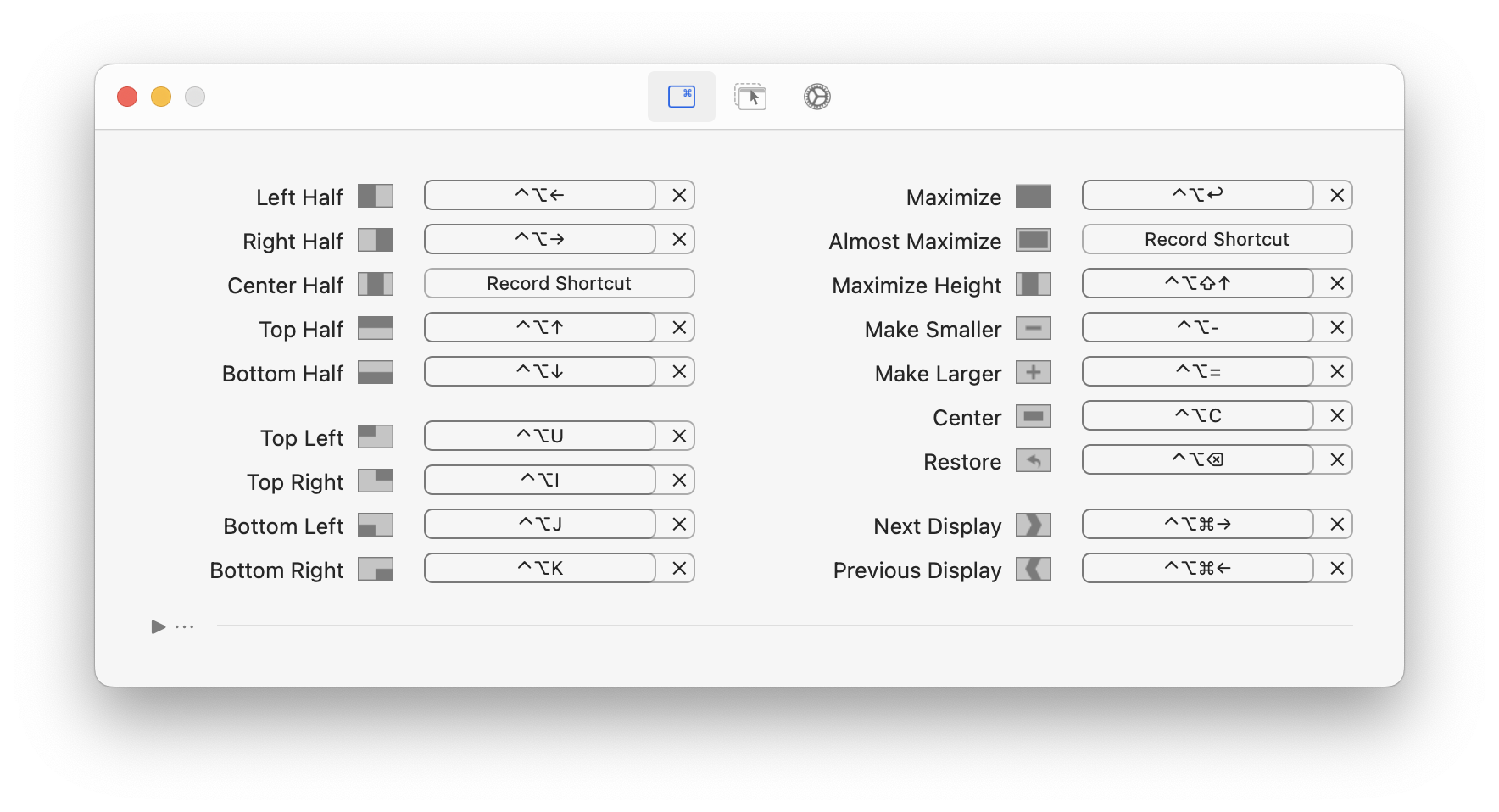 Возможные комбинации клавиш Rectangle